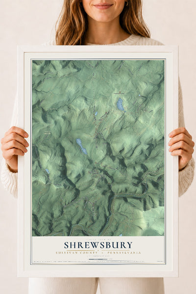 Map of Shrewsbury, Sullivan County, Pennsylvania, 18 x 24 inch print in a white wood frame