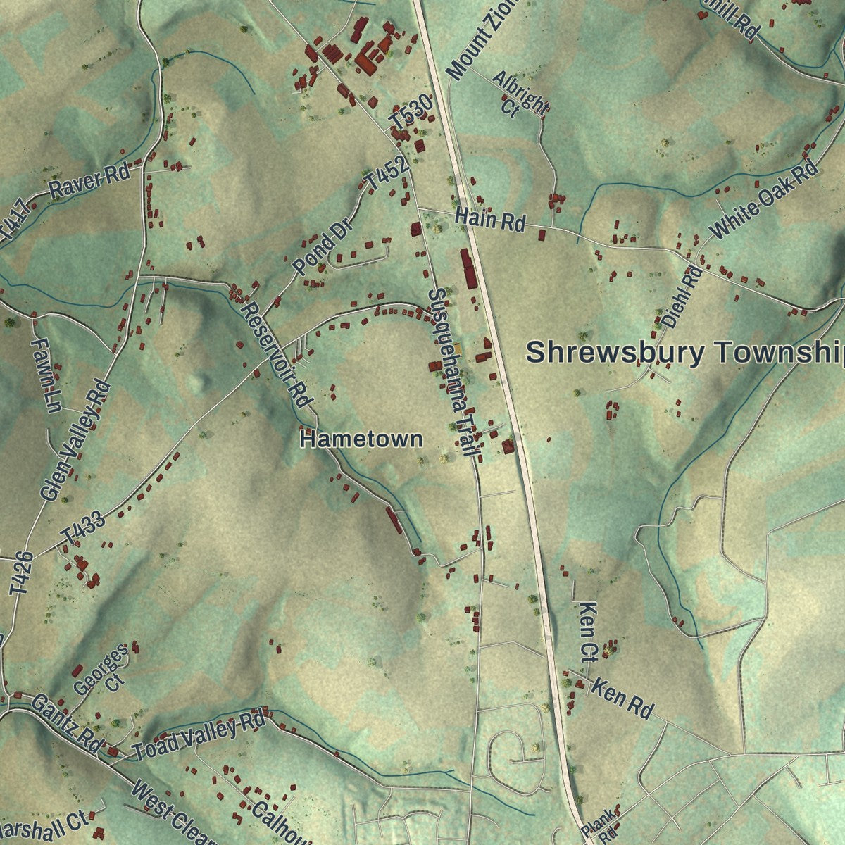 Second close-up of the map of Shrewsbury, York County, Pennsylvania print showing more streets and buildings