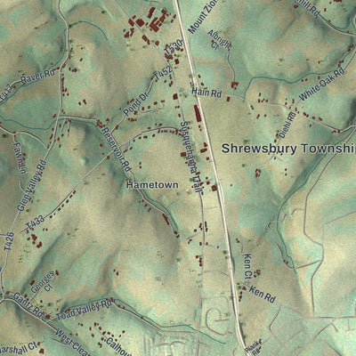 Second close-up of the map of Shrewsbury, York County, Pennsylvania print showing more streets and buildings