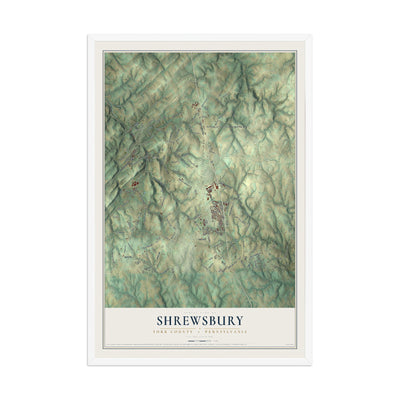 Map of Shrewsbury, York County, Pennsylvania, 12 x 18 inch print in a white wood frame