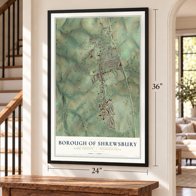 Borough of Shrewsbury, York County, Pennsylvania map, 24 x 36 inch print in a black frame by a staircase