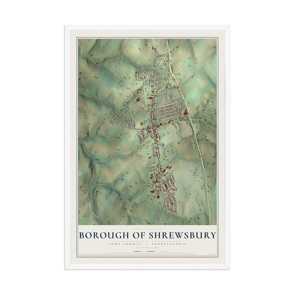 Map of the Borough of Shrewsbury, York County, Pennsylvania, 12 x 18 inch print in a white wood frame