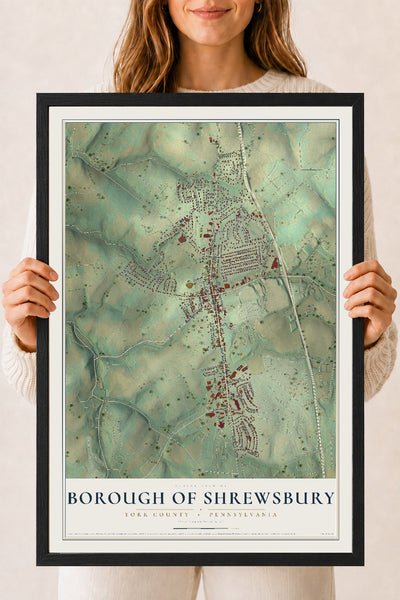 Map of the Borough of Shrewsbury, York County, Pennsylvania, 18 x 24 inch print in a black wood frame