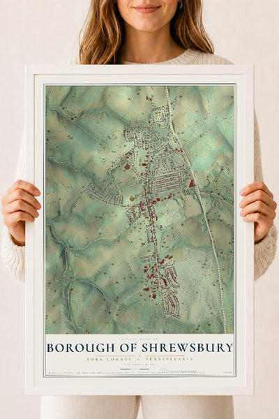 Map of the Borough of Shrewsbury, York County, Pennsylvania, 18 x 24 inch print in a white wood frame