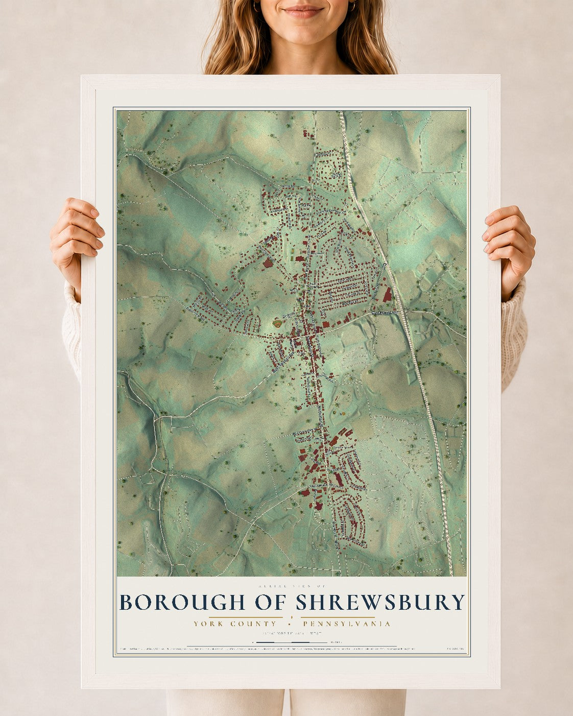 Map of the Borough of Shrewsbury, York County, Pennsylvania, 24 x 36 inch print in a white wood frame