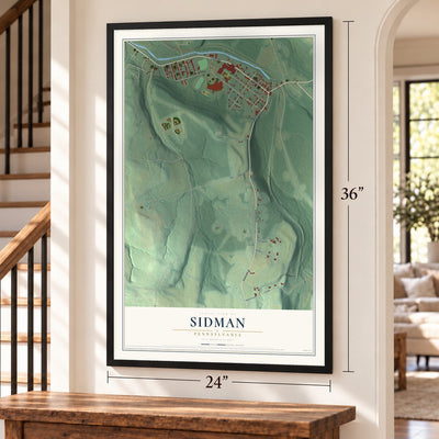Sidman, Pennsylvania map, 24 x 36 inch print in a black frame by a staircase