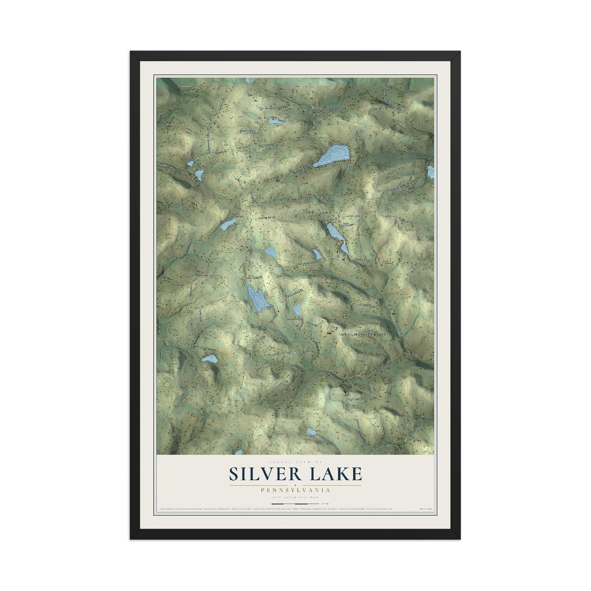 Map of Silver Lake, Pennsylvania, 12 x 18 inch print in a black wood frame