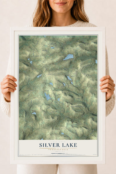 Map of Silver Lake, Pennsylvania, 18 x 24 inch print in a white wood frame