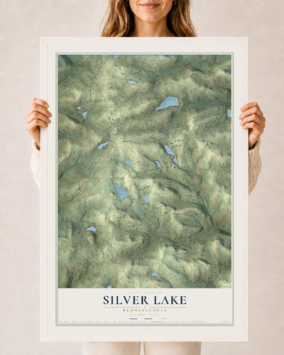 Map of Silver Lake, Pennsylvania, 24 x 36 inch print in a white wood frame