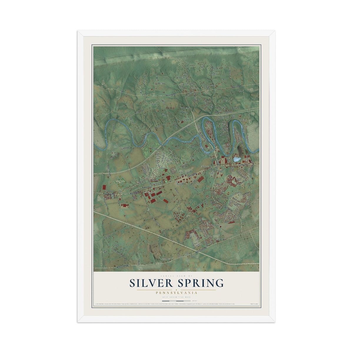 Map of Silver Spring, Pennsylvania, 12 x 18 inch print in a white wood frame