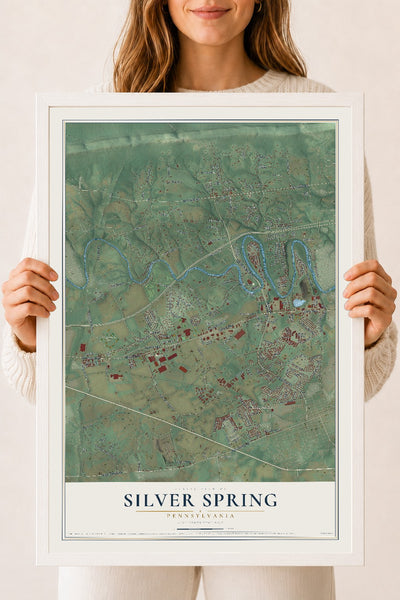 Map of Silver Spring, Pennsylvania, 18 x 24 inch print in a white wood frame