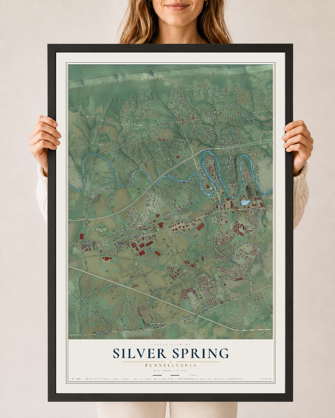 Map of Silver Spring, Pennsylvania, 24 x 36 inch print in a black wood frame