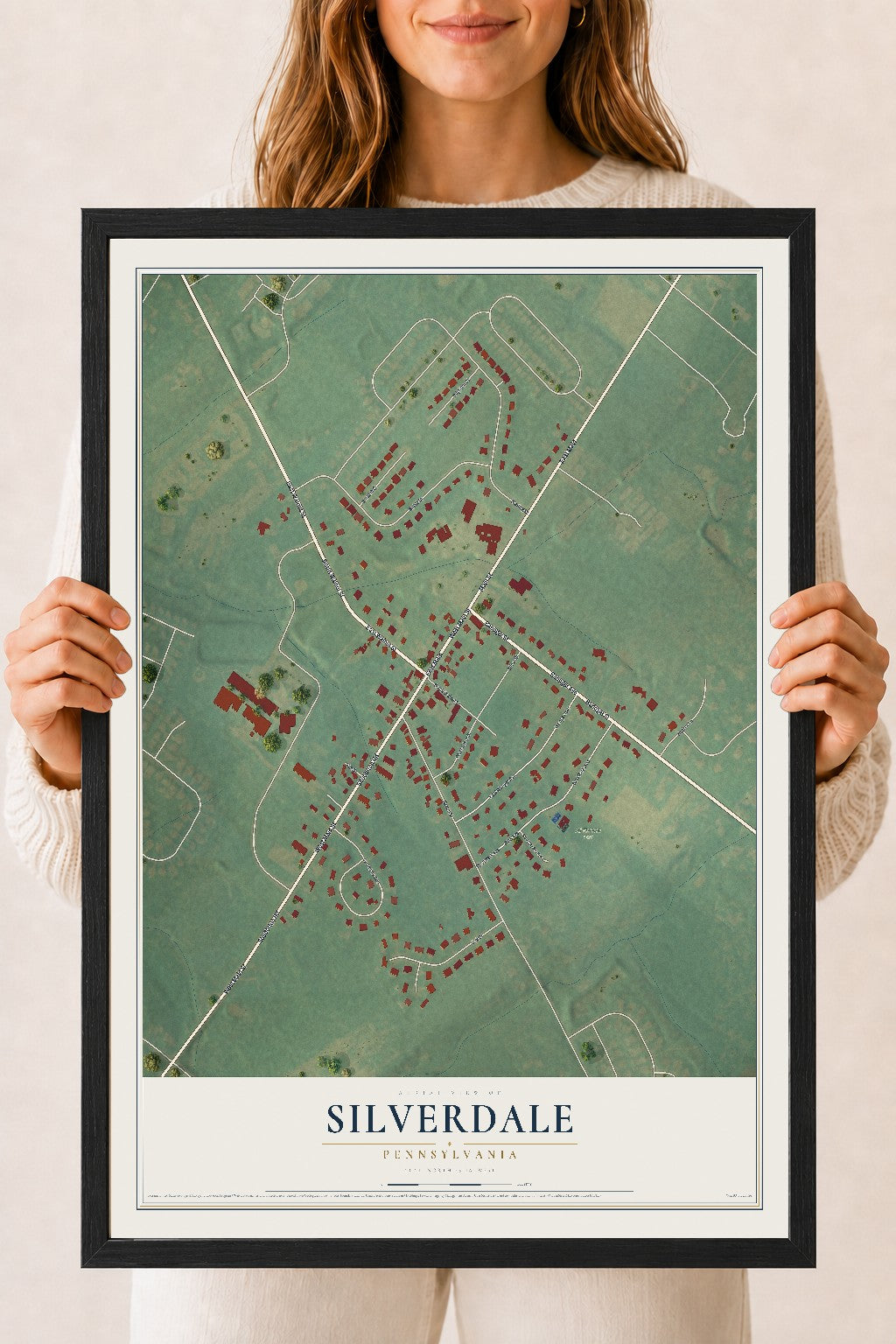 Map of Silverdale, Pennsylvania, 18 x 24 inch print in a black wood frame