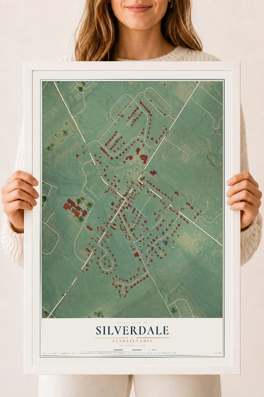 Map of Silverdale, Pennsylvania, 18 x 24 inch print in a white wood frame