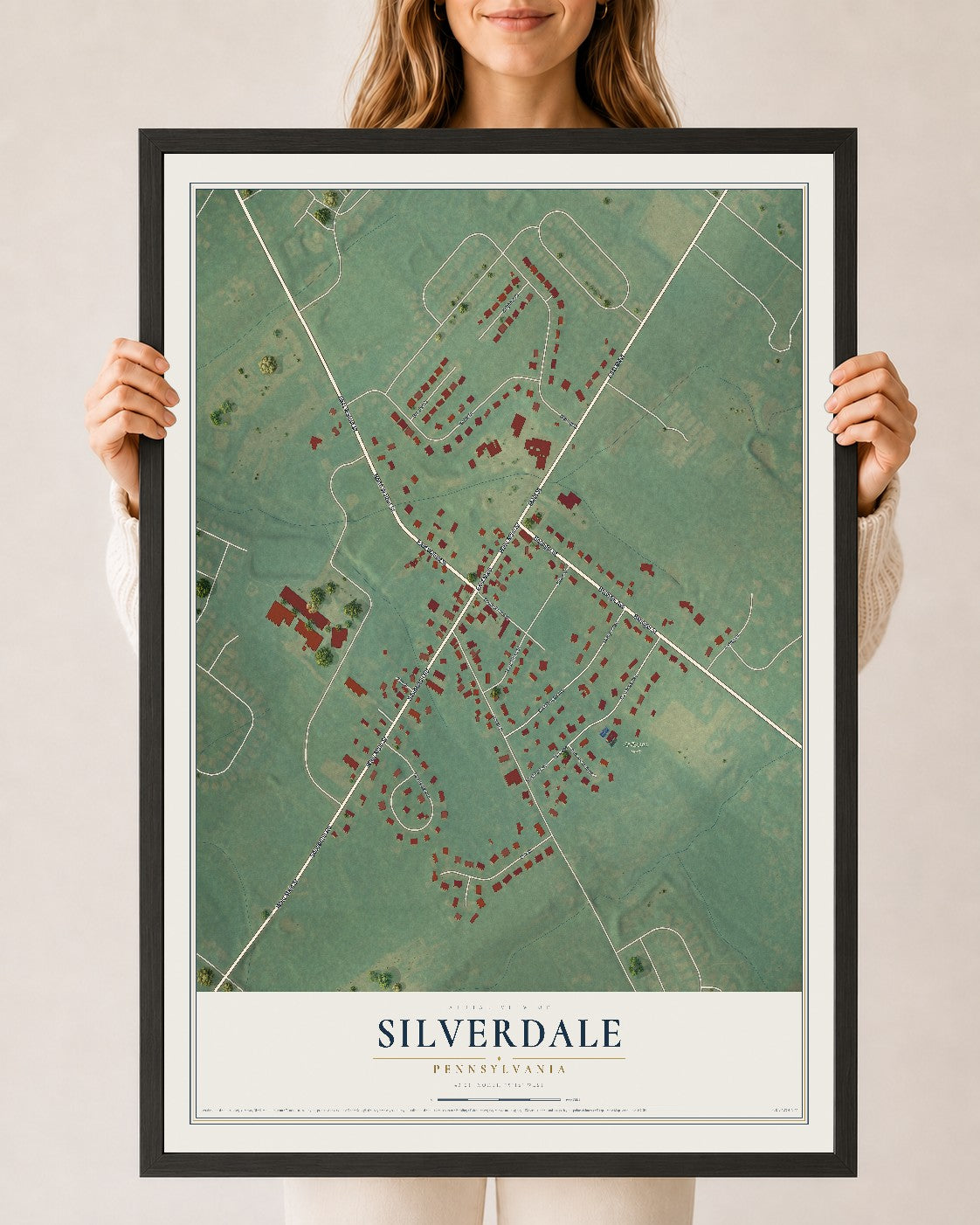 Map of Silverdale, Pennsylvania, 24 x 36 inch print in a black wood frame