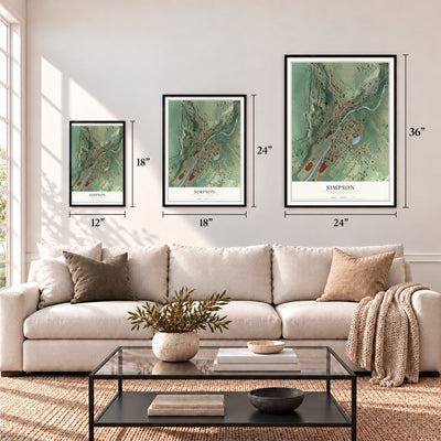 Simpson, Pennsylvania map in 12 x 18, 18 x 24 and 24 x 36 inch sizes above a sofa