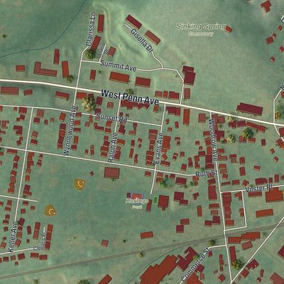 Second close-up of the map of Sinking Spring, Pennsylvania print showing more streets and buildings