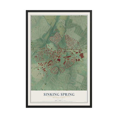 Map of Sinking Spring, Pennsylvania, 12 x 18 inch print in a black wood frame