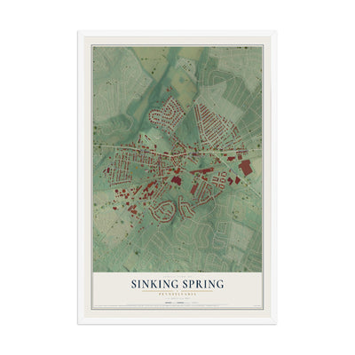 Map of Sinking Spring, Pennsylvania, 12 x 18 inch print in a white wood frame