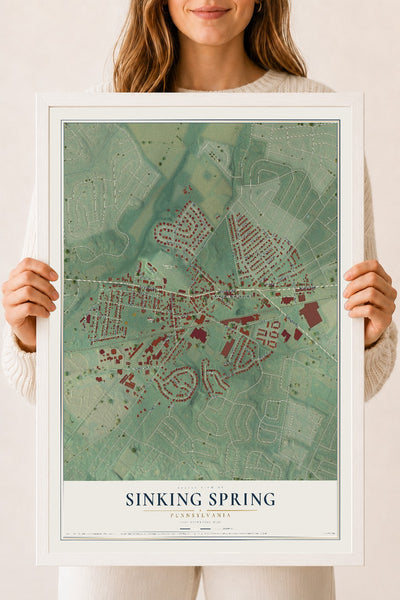 Map of Sinking Spring, Pennsylvania, 18 x 24 inch print in a white wood frame