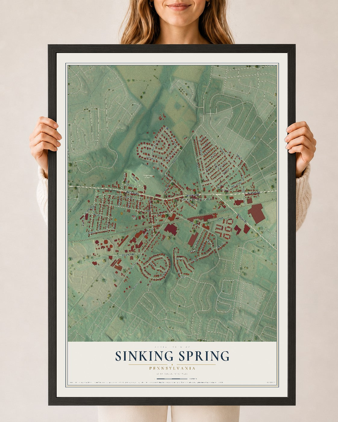 Map of Sinking Spring, Pennsylvania, 24 x 36 inch print in a black wood frame