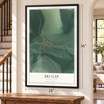 Ski Gap, Pennsylvania map, 24 x 36 inch print in a black frame by a staircase