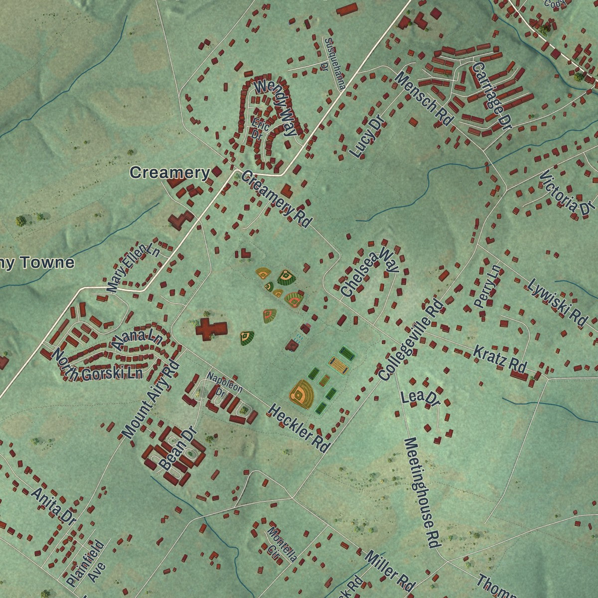 Close-up of the map of Skippack, Pennsylvania print showing street and building detail
