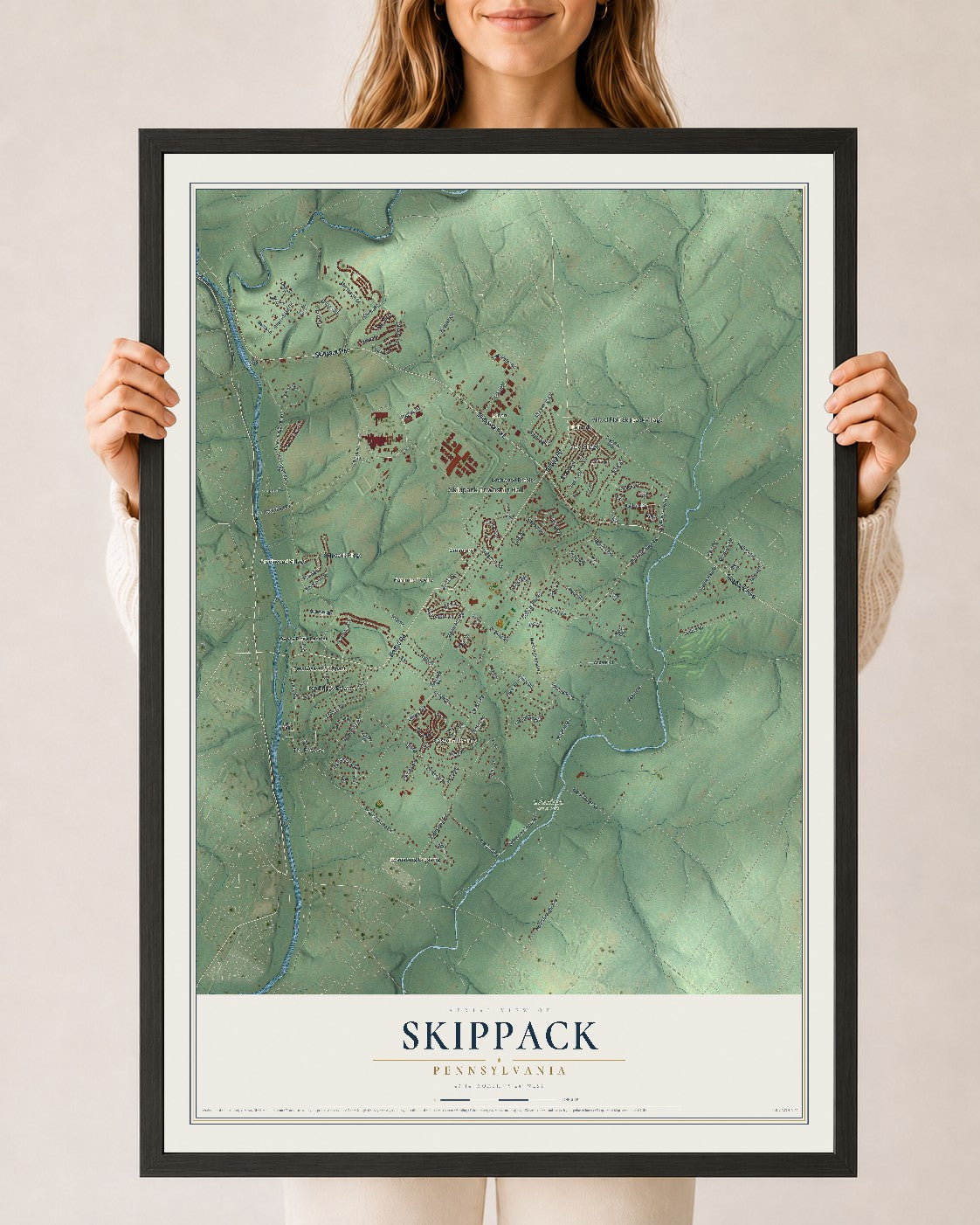 Map of Skippack, Pennsylvania, 24 x 36 inch print in a black wood frame
