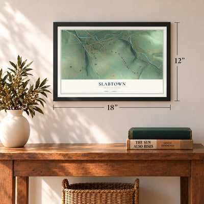 Slabtown, Pennsylvania map, 12 x 18 inch print in a black frame in an entryway
