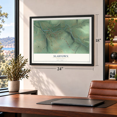 Slabtown, Pennsylvania map, 18 x 24 inch print in a black frame in a home office