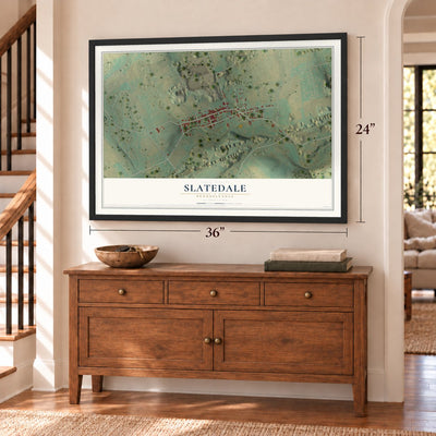 Slatedale, Pennsylvania map, 24 x 36 inch print in a black frame above a dresser by a staircase