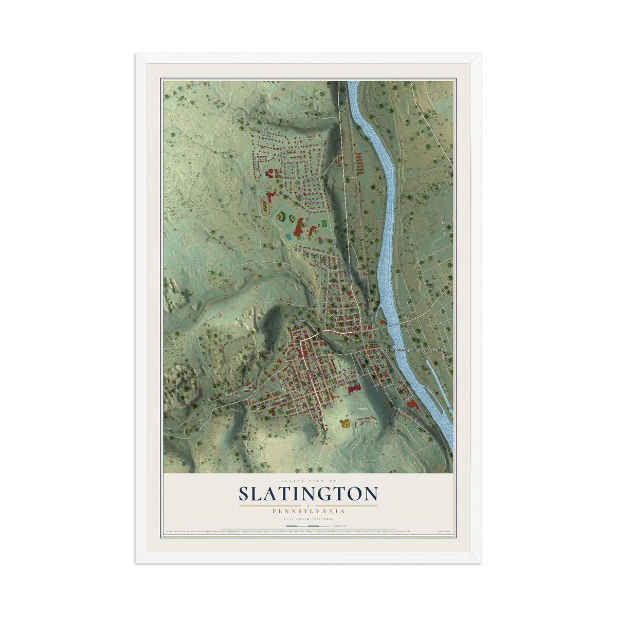 Map of Slatington, Pennsylvania, 12 x 18 inch print in a white wood frame