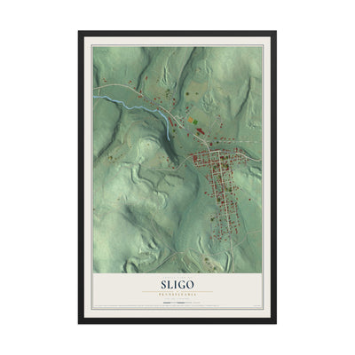 Map of Sligo, Pennsylvania, 12 x 18 inch print in a black wood frame
