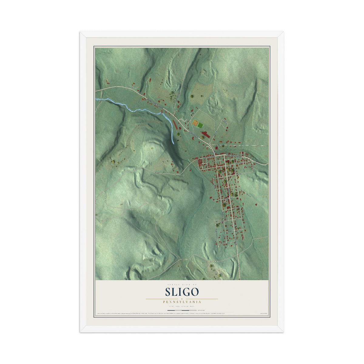 Map of Sligo, Pennsylvania, 12 x 18 inch print in a white wood frame