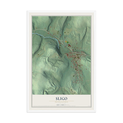 Map of Sligo, Pennsylvania, 12 x 18 inch print in a white wood frame