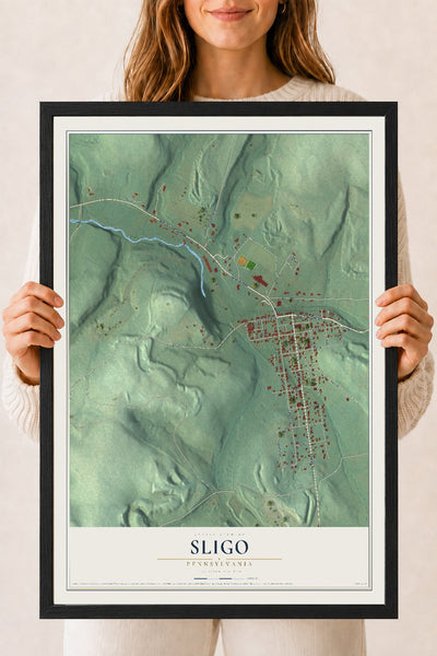 Map of Sligo, Pennsylvania, 18 x 24 inch print in a black wood frame