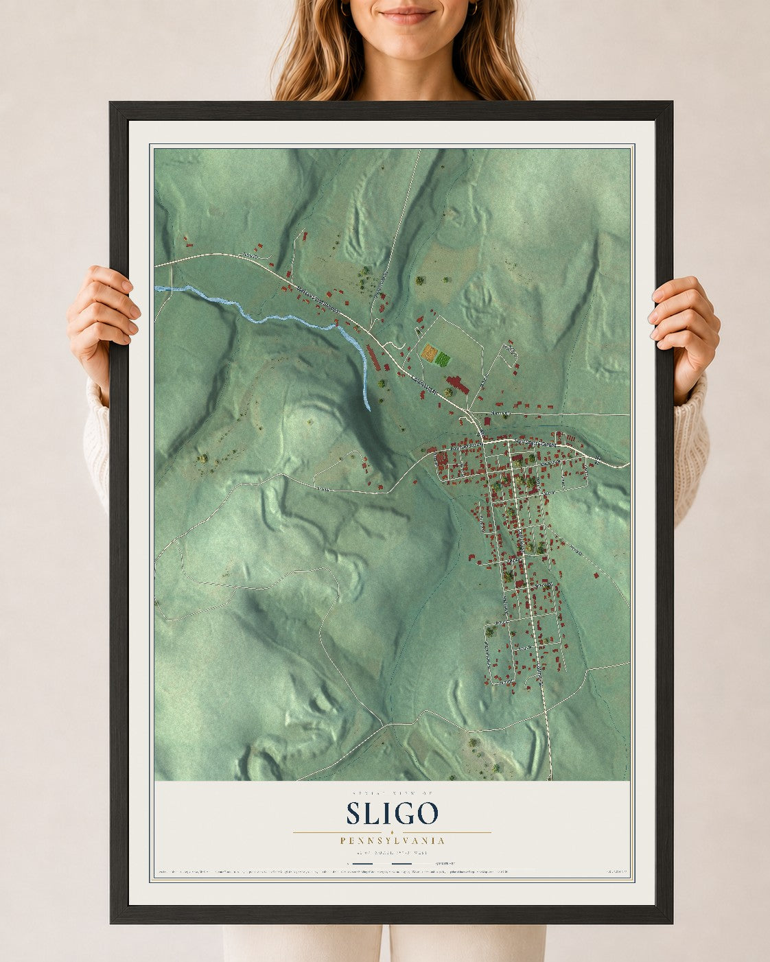 Map of Sligo, Pennsylvania, 24 x 36 inch print in a black wood frame