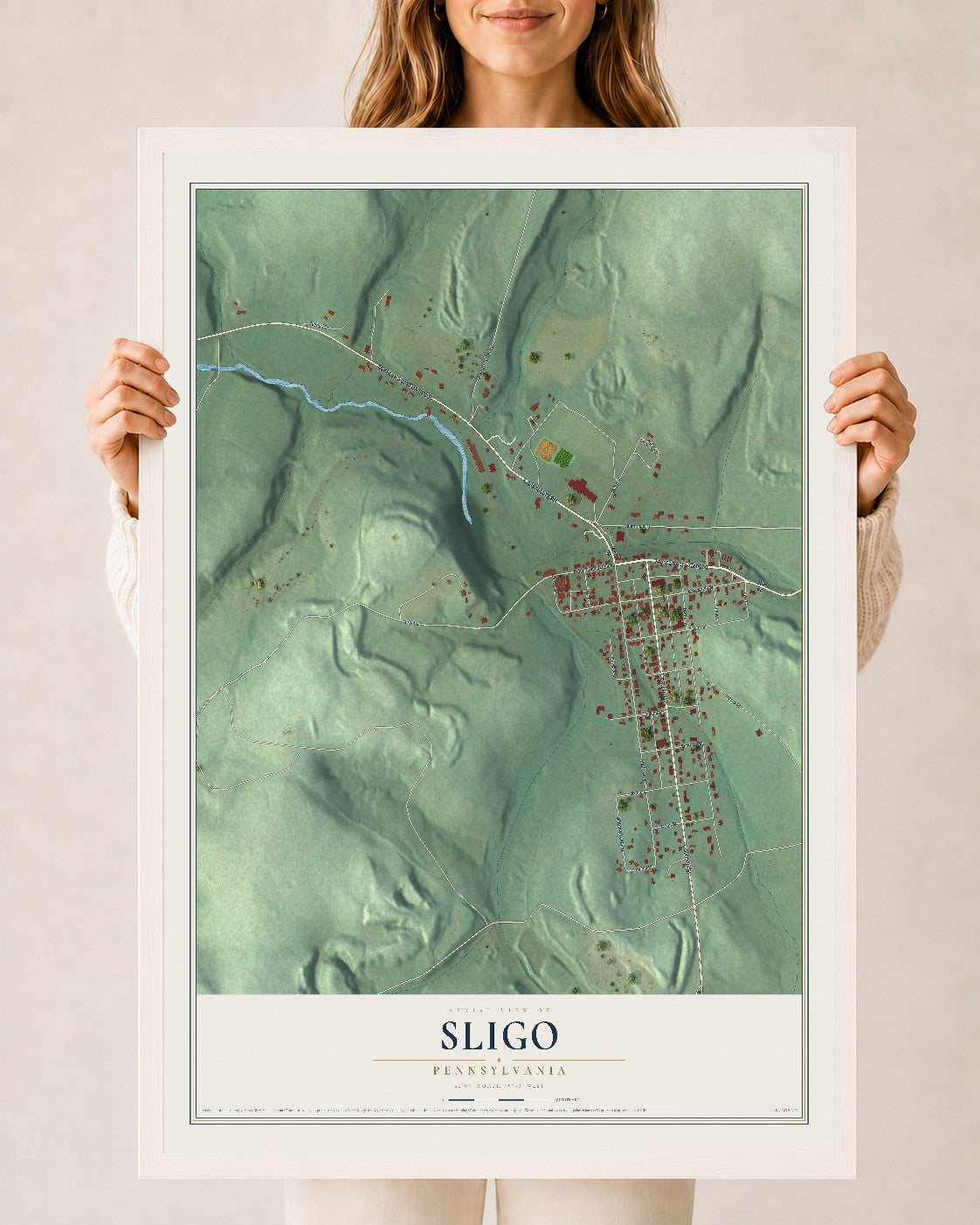 Map of Sligo, Pennsylvania, 24 x 36 inch print in a white wood frame
