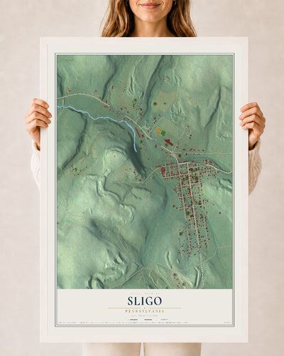 Map of Sligo, Pennsylvania, 24 x 36 inch print in a white wood frame