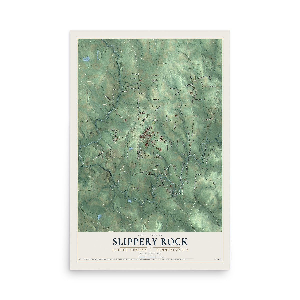 Map of Slippery Rock, Butler County, Pennsylvania, 12 x 18 inch unframed archival matte print
