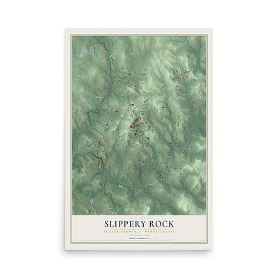 Map of Slippery Rock, Butler County, Pennsylvania, 12 x 18 inch unframed archival matte print