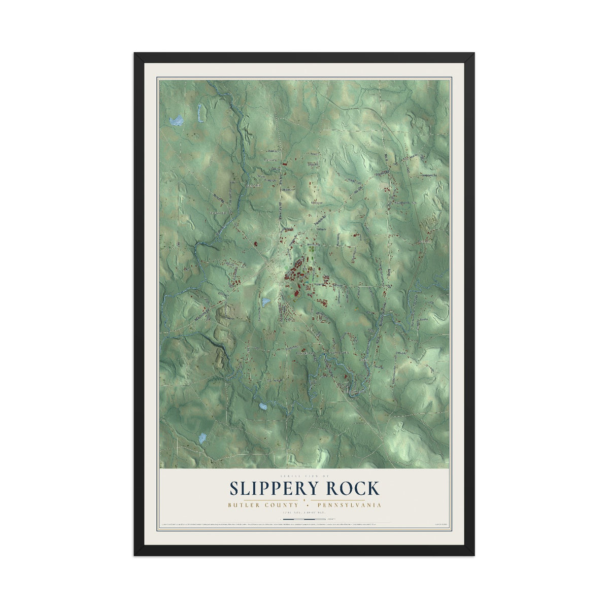 Map of Slippery Rock, Butler County, Pennsylvania, 12 x 18 inch print in a black wood frame