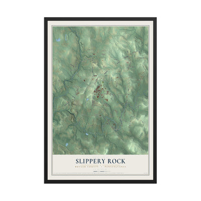 Map of Slippery Rock, Butler County, Pennsylvania, 12 x 18 inch print in a black wood frame