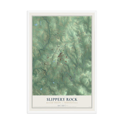 Map of Slippery Rock, Butler County, Pennsylvania, 12 x 18 inch print in a white wood frame