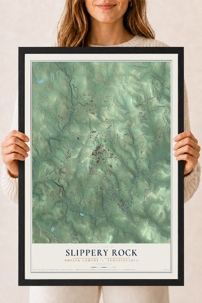Map of Slippery Rock, Butler County, Pennsylvania, 18 x 24 inch print in a black wood frame