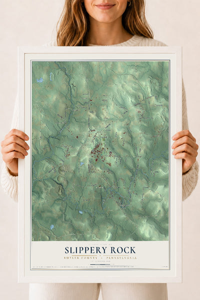 Map of Slippery Rock, Butler County, Pennsylvania, 18 x 24 inch print in a white wood frame