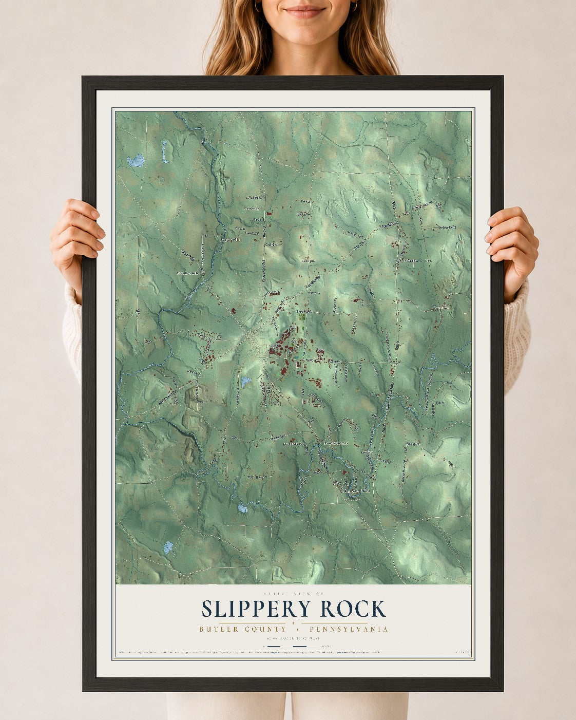 Map of Slippery Rock, Butler County, Pennsylvania, 24 x 36 inch print in a black wood frame