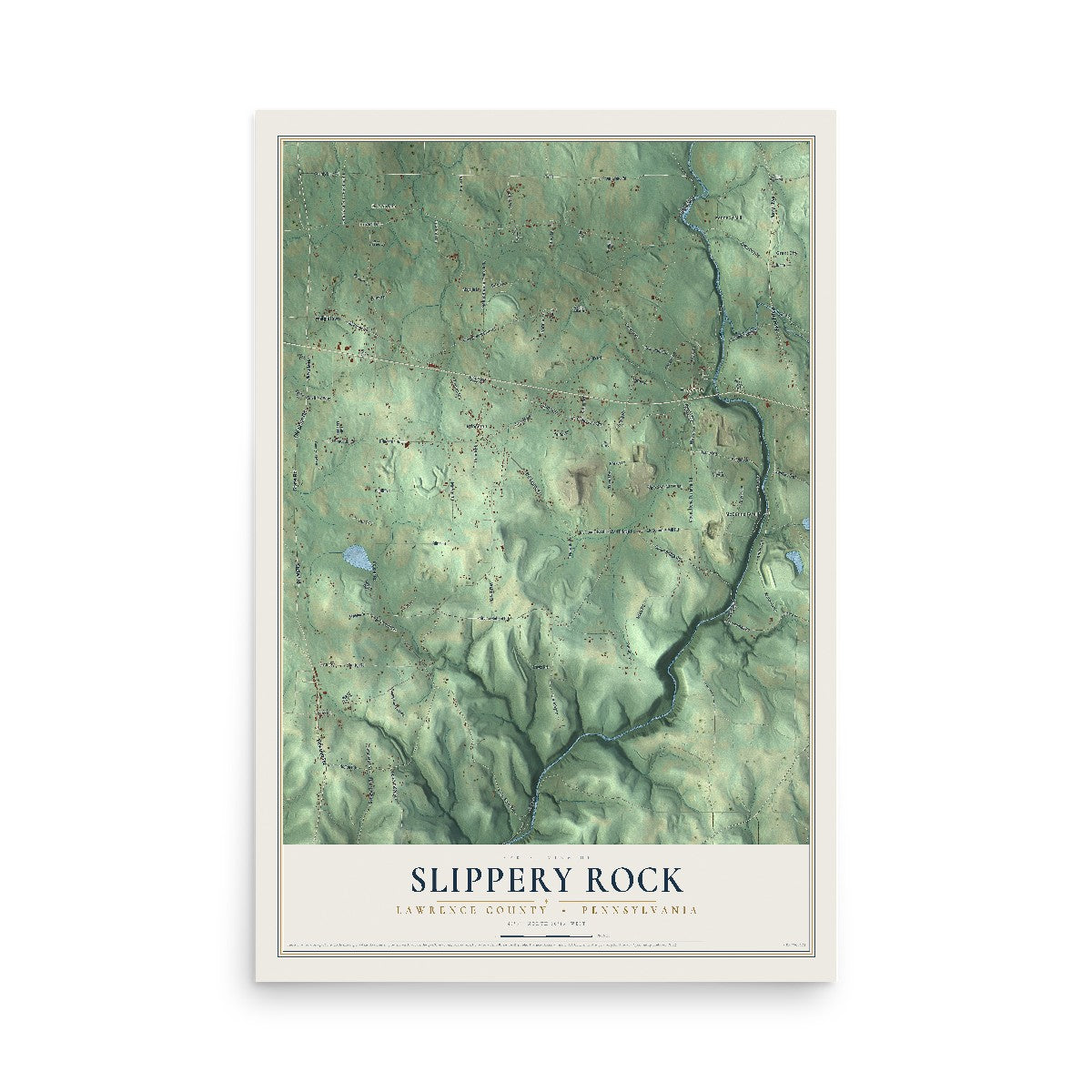 Map of Slippery Rock, Lawrence County, Pennsylvania, 12 x 18 inch unframed archival matte print