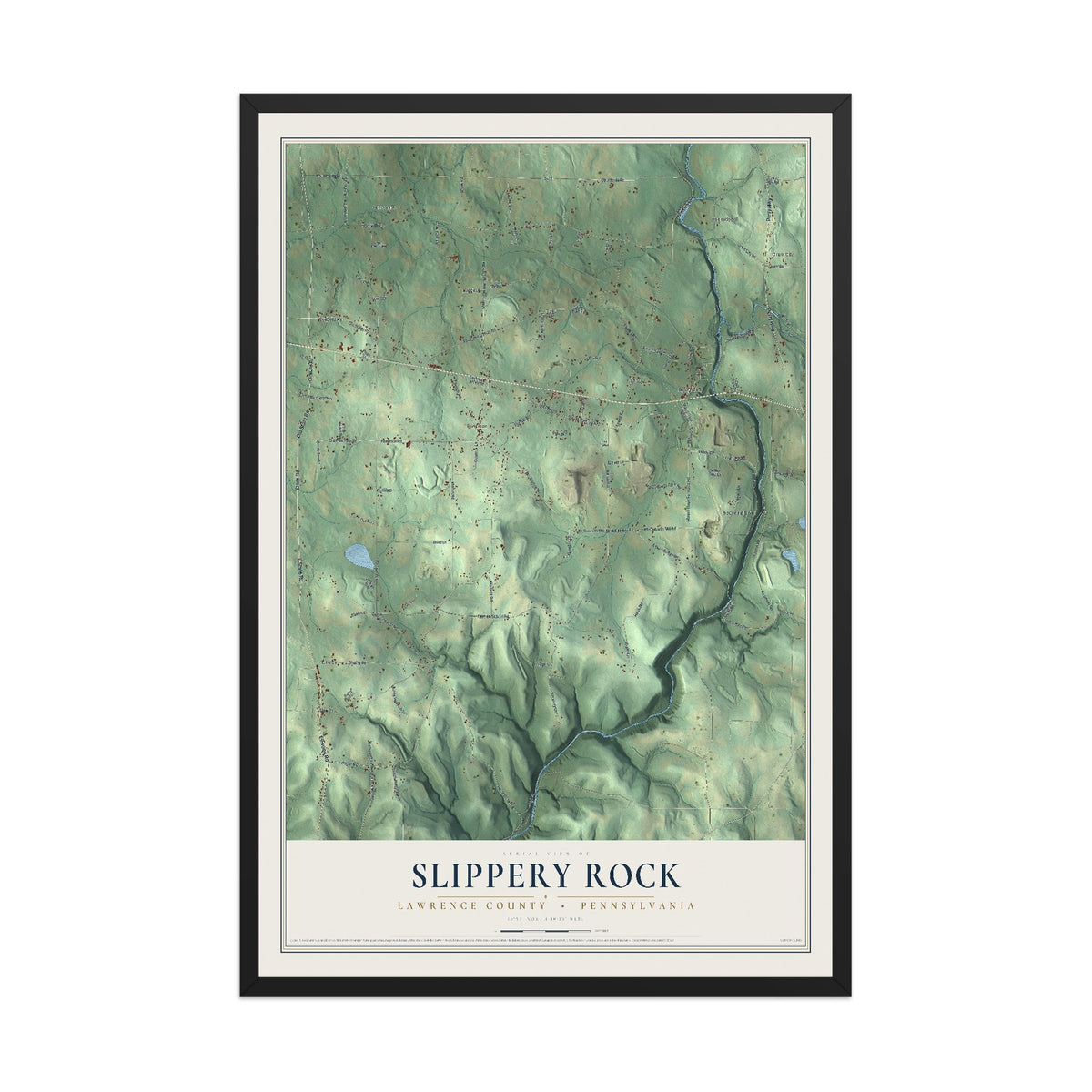 Map of Slippery Rock, Lawrence County, Pennsylvania, 12 x 18 inch print in a black wood frame