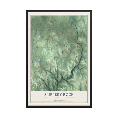 Map of Slippery Rock, Lawrence County, Pennsylvania, 12 x 18 inch print in a black wood frame